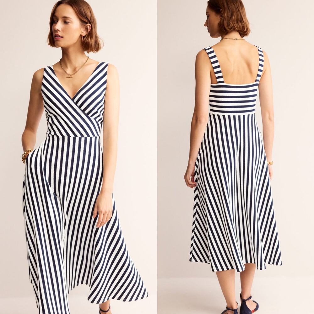 Boden Navy and White Striped Midi Dress